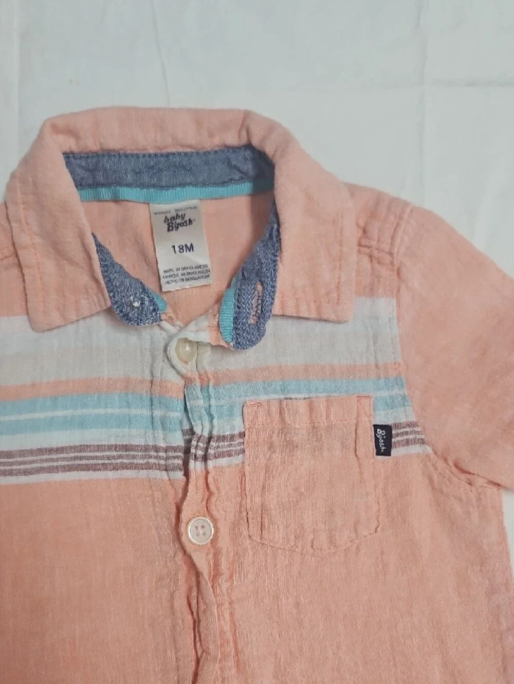 Baby OshKosh B'gosh 18 Months Peach Linen Short-Sleeve Button-Up Stripe Shirt